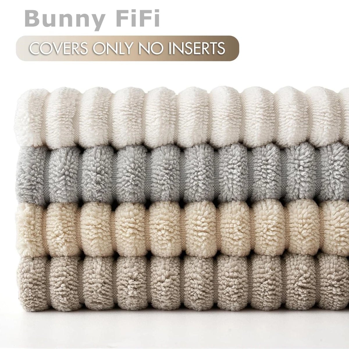 A stack of fluffy, striped bunny fabric covers for pillows in beige and gray tones.