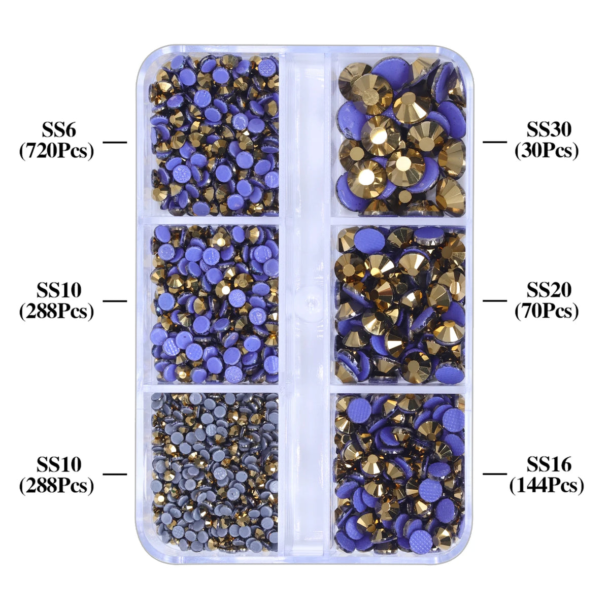 A clear plastic container holding various sizes of glass rhinestones in gold, purple, and blue colors.
