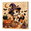 Diamond painting kit featuring a cat wearing a witch hat surrounded by Halloween elements like pumpkins and spiders