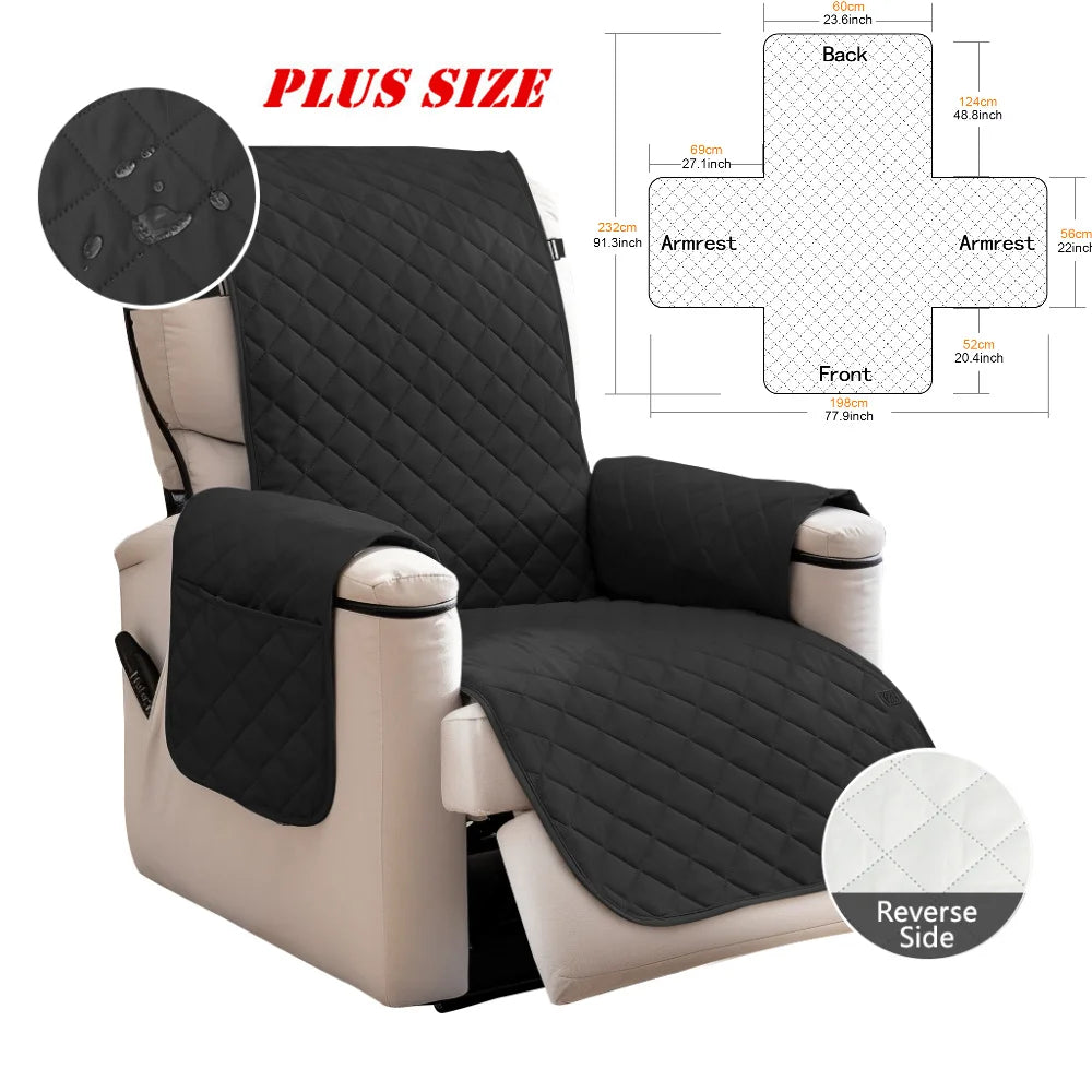 A black washable recliner sofa slipcover with anti-slip straps shown from the back and front views.