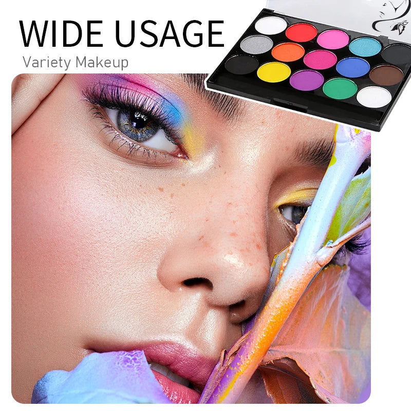 A close-up of a model applying colorful face paint, with a palette of 15 colors visible in the upper right corner.