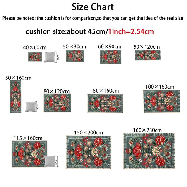 Size chart showing various dimensions of a pastoral floral outdoor welcome mat.