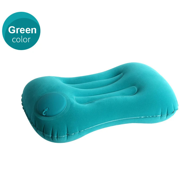 A teal inflatable U-shaped travel pillow designed for neck comfort.