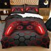 A set of duvet covers featuring a red neon hexagon controller design on black fabric.