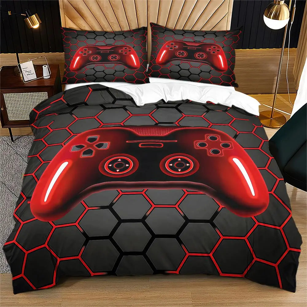 A set of duvet covers featuring a red neon hexagon controller design on black fabric.