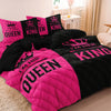 A couple duvet set featuring pink and black crown print microfiber bedding.