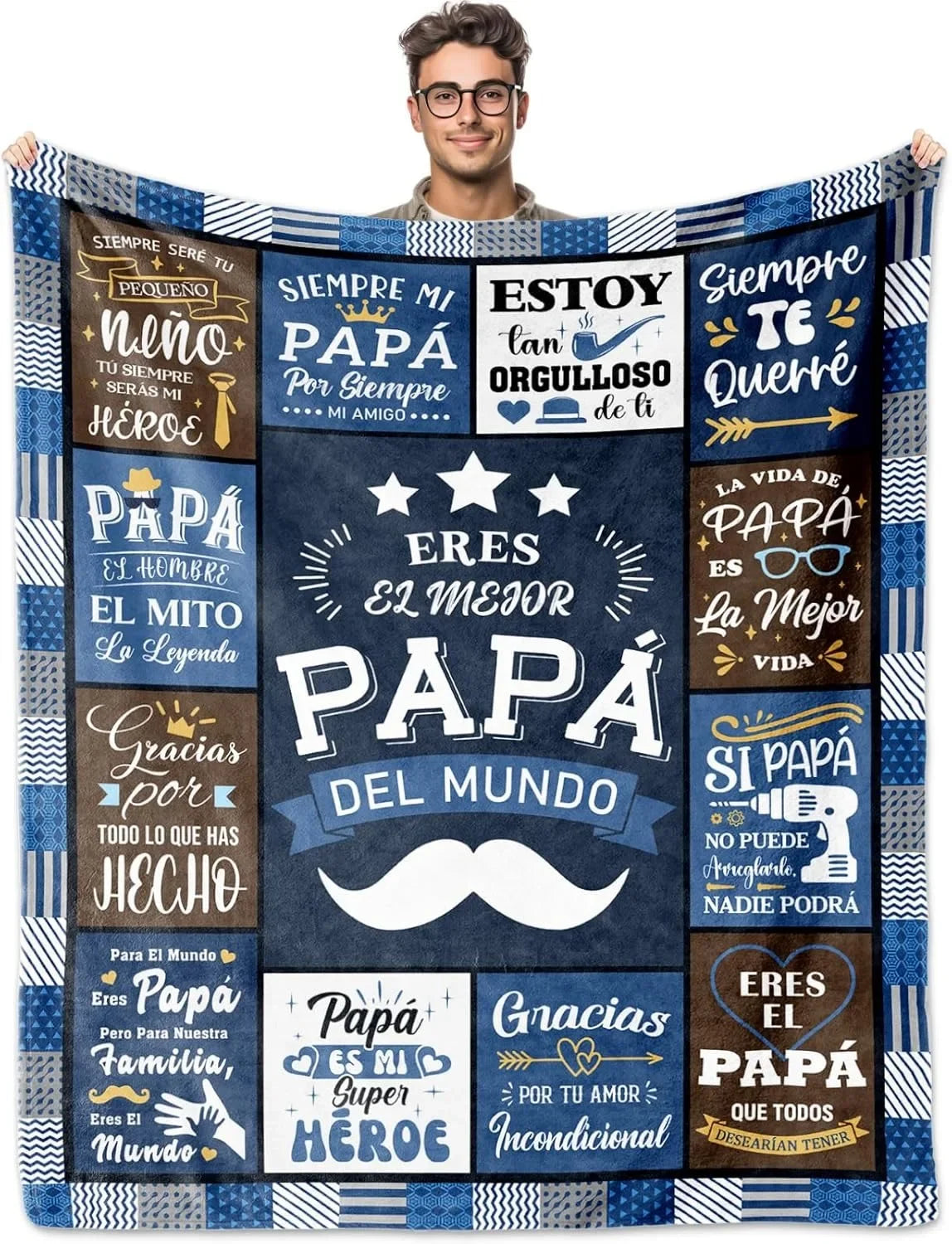 Printable knit blanket featuring a father theme with text like Papa del Mundo and Hero