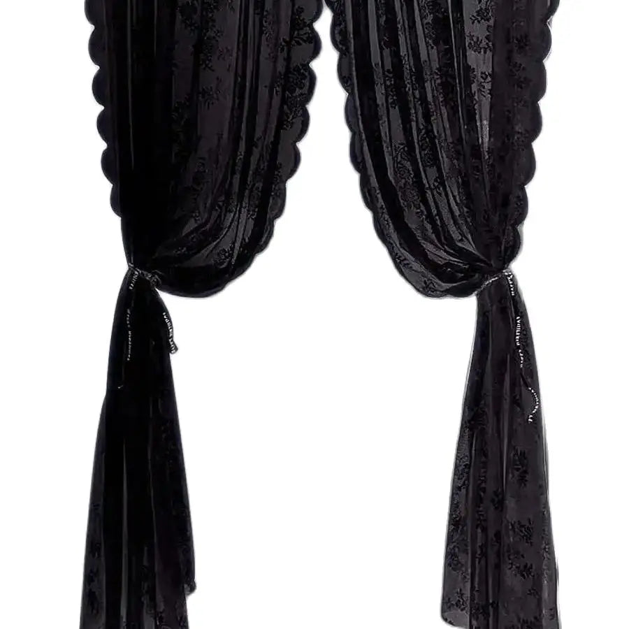 Black floral lace sheer rod pocket curtain panel with gathered fabric draping