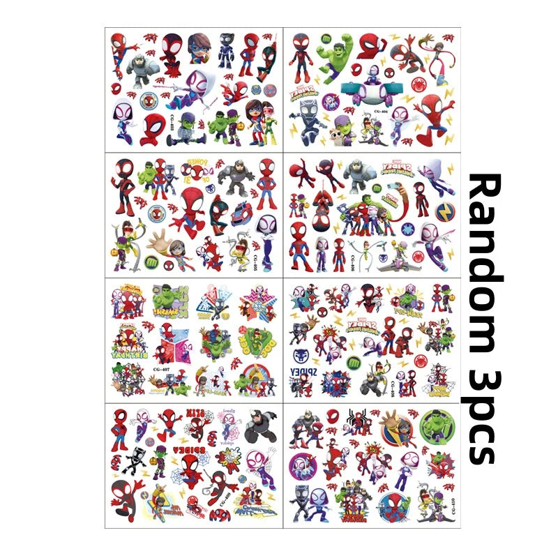 A grid of colorful temporary tattoos featuring characters from Spidey and His Amazing Friends