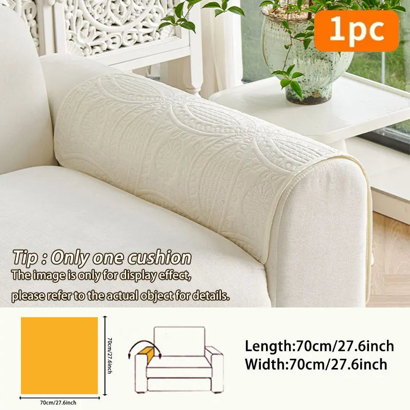 A cream colored anti-slip sofa cushion shown on a white sofa, with dimensions provided.