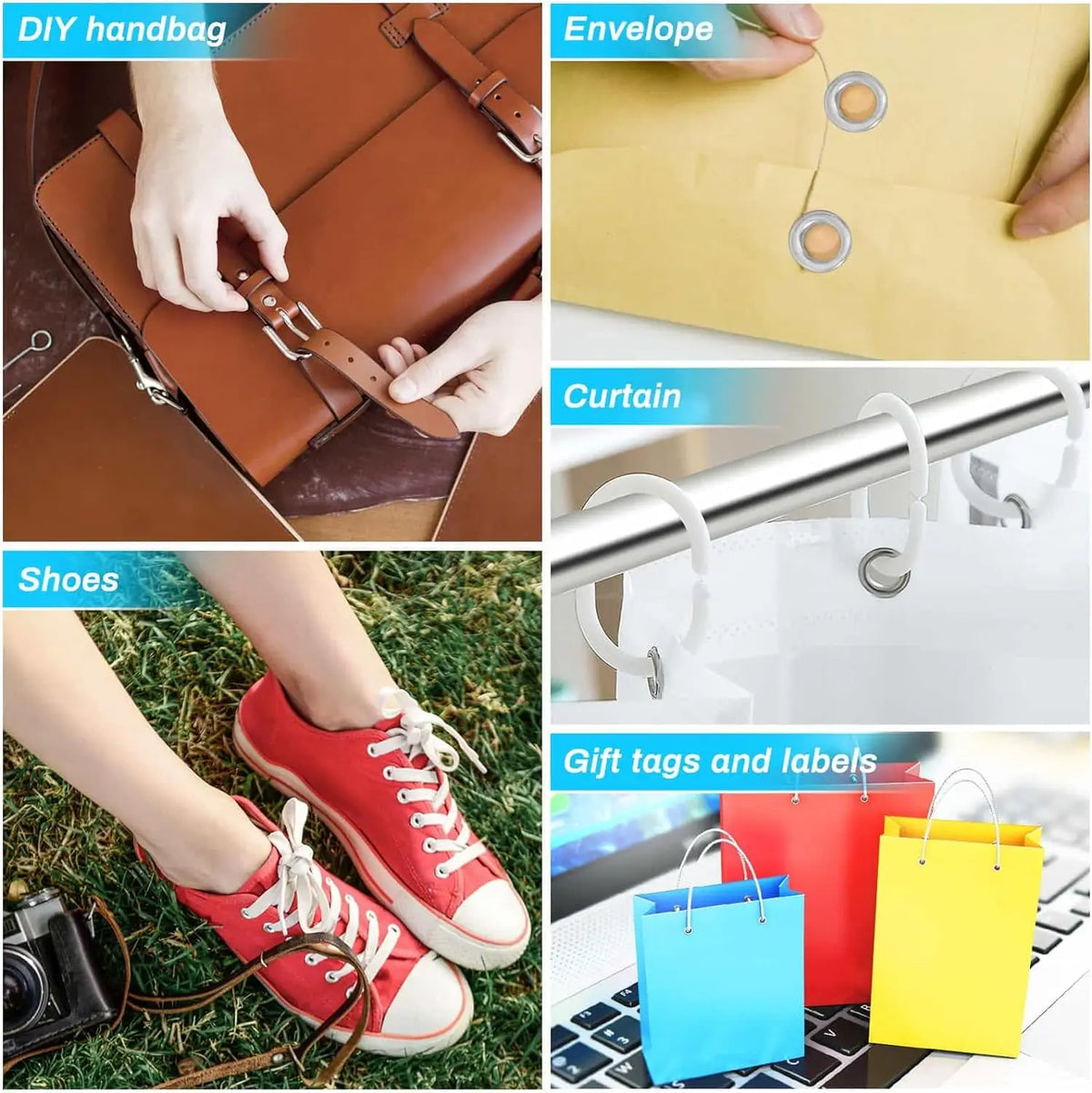 A collection of tools including an envelope, curtain, and gift tags and labels for DIY projects.