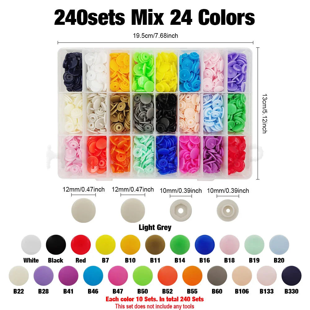 A set of 240 resin buttons in 24 colors packaged for DIY sewing and crafting
