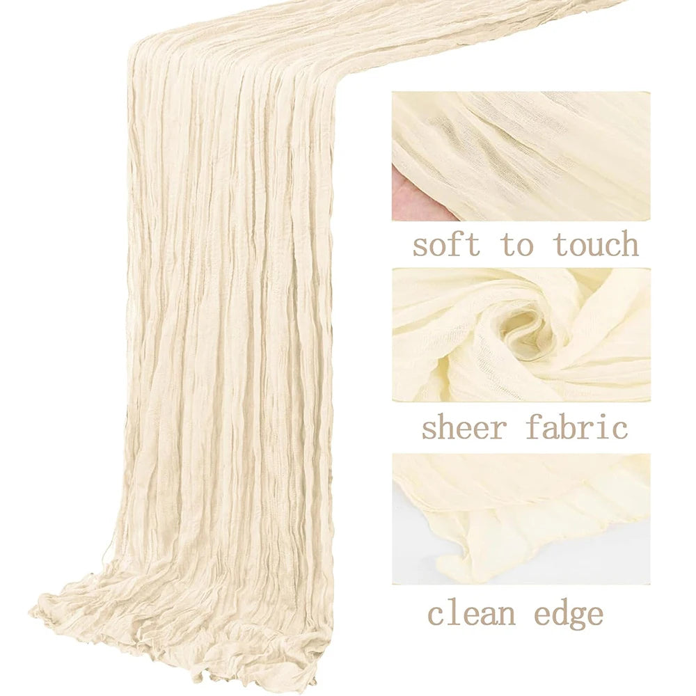 A beige boho gauze table runner with a clean edge, showing its soft texture and sheer fabric quality.