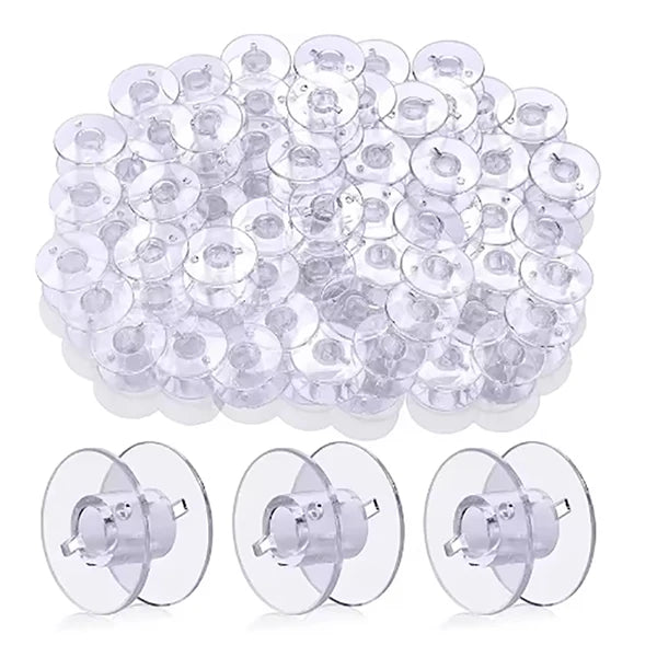 A clear sewing machine bobbin set containing 25 individual bobbins and a storage case.