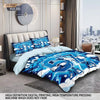 A set of three blue and white printed duvet covers displayed on a bed in a modern bedroom setting.
