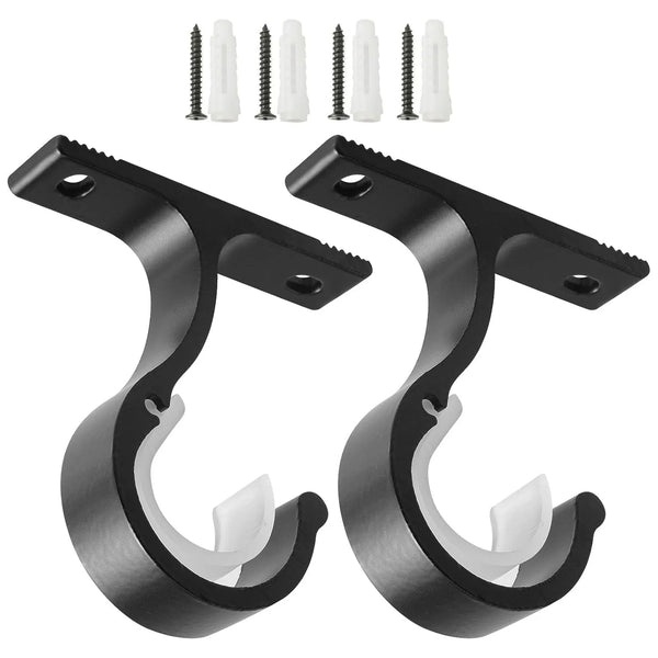 Set of heavy-duty curtain rod brackets and hooks in black and white for support.
