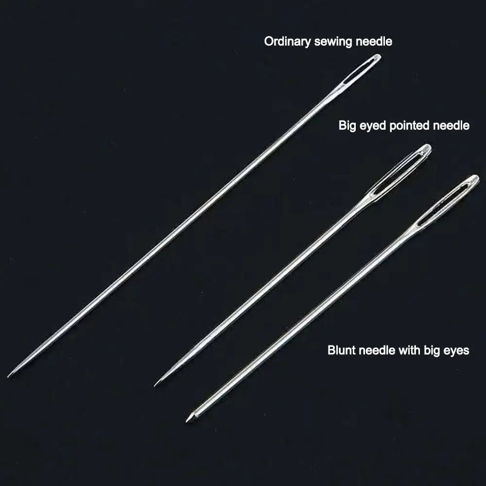 Three types of sewing needles are displayed: ordinary, big-eyed pointed, and blunt with big eyes.