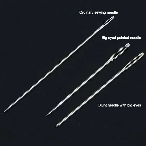 Three types of sewing needles are displayed: ordinary, big-eyed pointed, and blunt with big eyes.