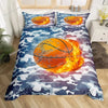 A sports theme duvet cover set featuring a basketball design with flames on a blue and white camouflage background.