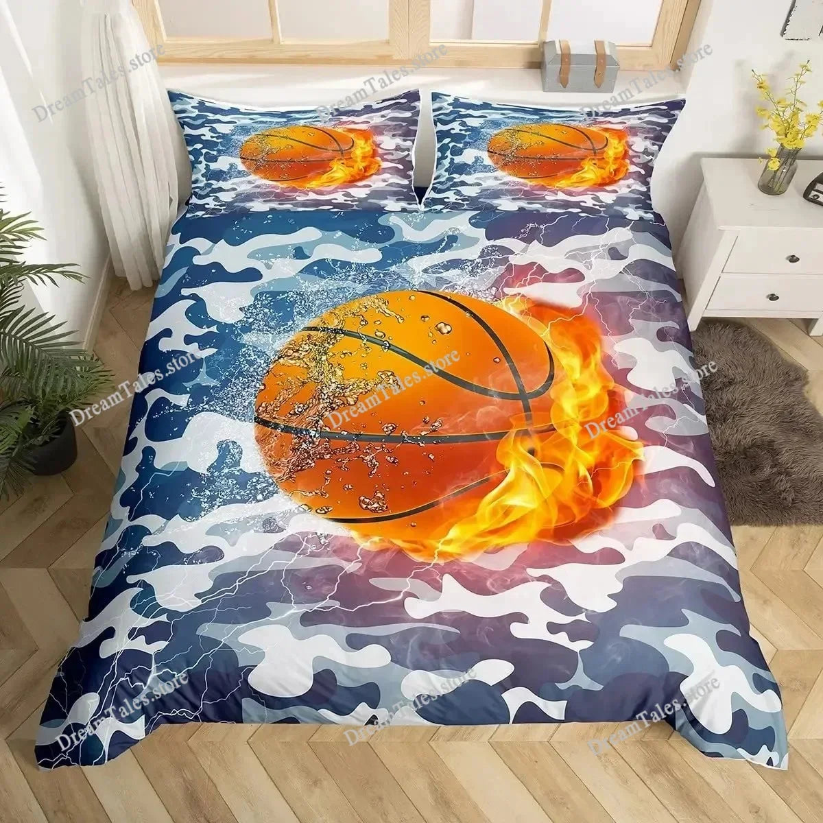 A sports theme duvet cover set featuring a basketball design with flames on a blue and white camouflage background.