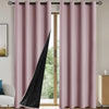 Solid pink blackout privacy curtains hanging in a doorway with wooden frames.