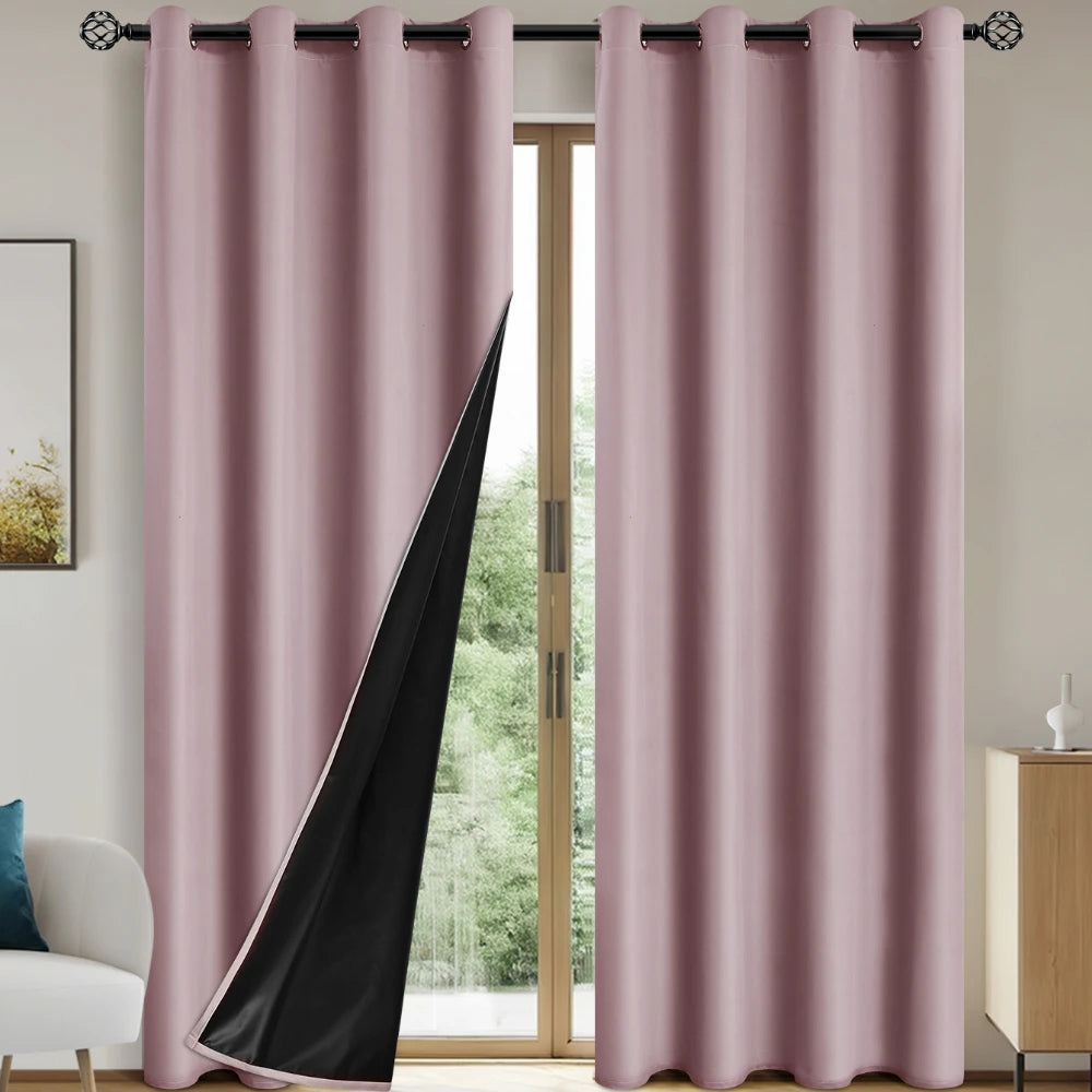 Solid pink blackout privacy curtains hanging in a doorway with wooden frames.