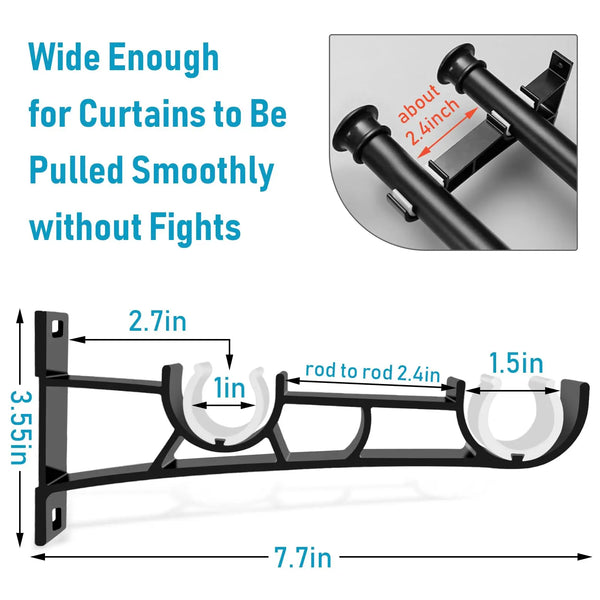 Black heavy duty double curtain rod brackets with a 7.7-inch span and 2.4-inch rod capacity