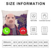 Size information chart for a square decorative throw pillow cover showing width and length measurements in cm/in.