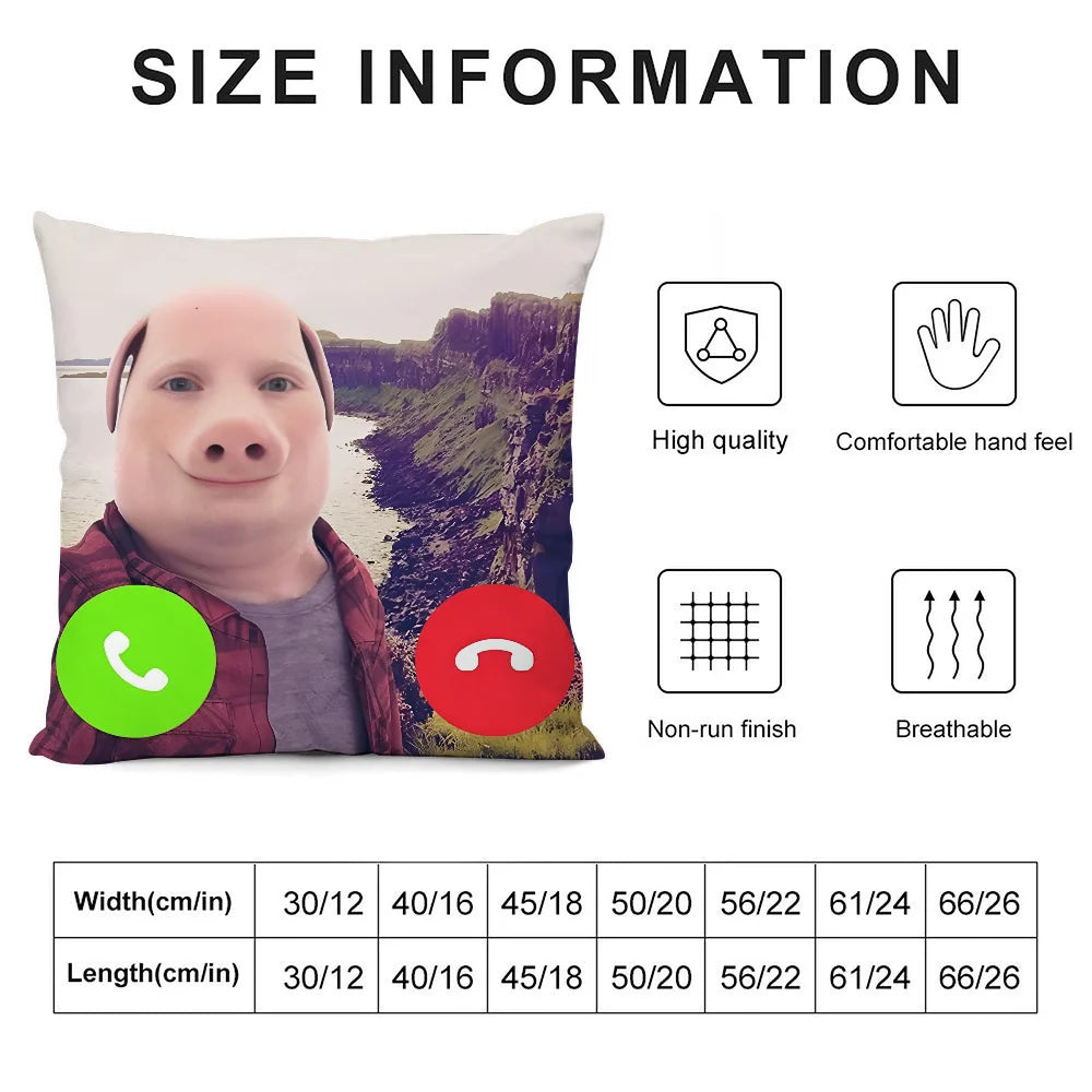 Size information chart for a square decorative throw pillow cover showing width and length measurements in cm/in.