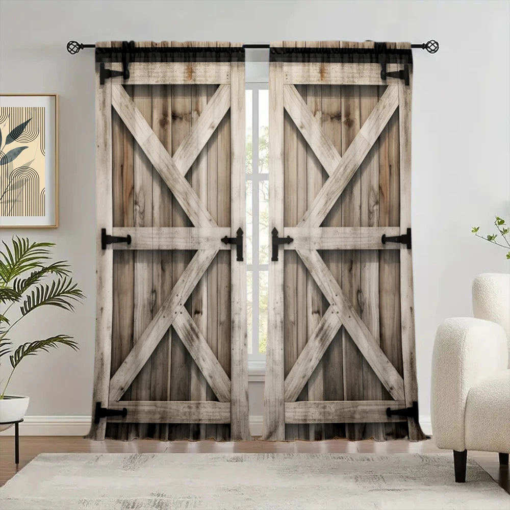 Pair of rustic wood-grain plantation shutters with black hardware filtering light