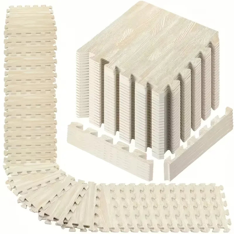A stack of interlocking foam floor mats with wood grain texture shown in various arrangements.