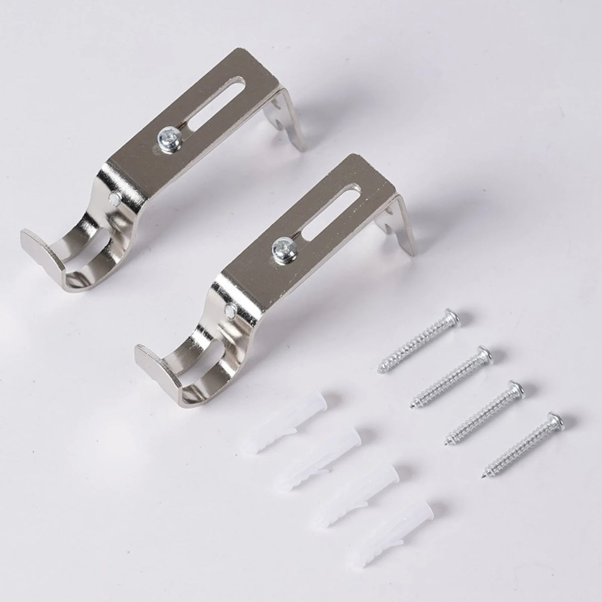 Silver adjustable iron curtain rod rack with mounting brackets and screws