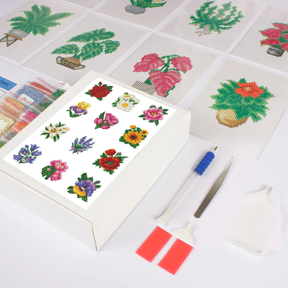 A box of DIY diamond painting flower craft set showing various colorful floral designs on a white background.
