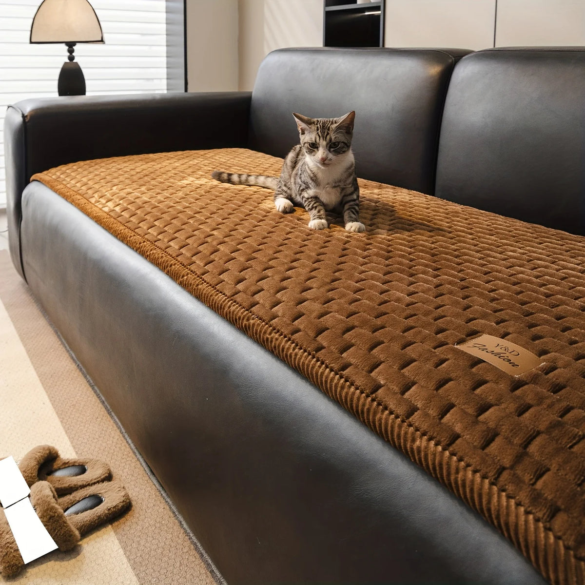 A tabby cat sits on a brown quilted sofa cover in a modern living room.