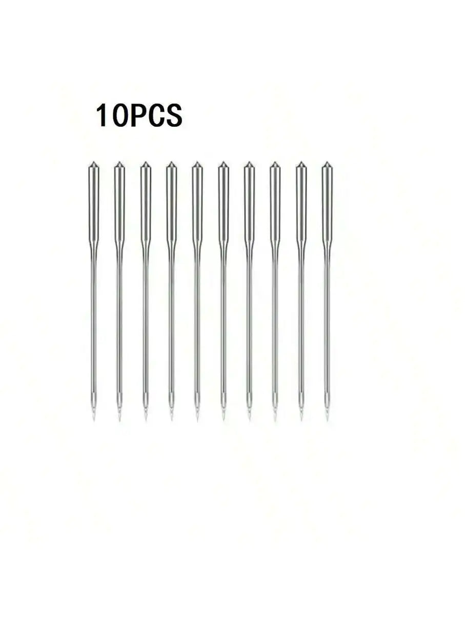 A set of ten universal sewing machine needles displayed vertically.