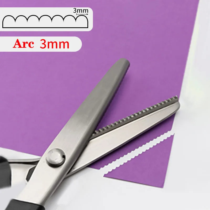 Professional stainless steel tailor's shears with a 3mm arc measurement guide shown against a purple background.