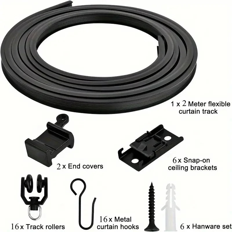 A set of black flexible curtain track components including a roll, end covers, snap-on brackets, curtain hooks, and hardware 