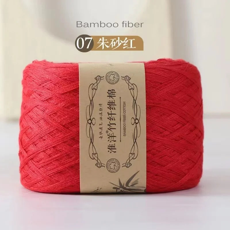 A ball of bright red bamboo fiber yarn labeled as item 07, ready for crafting.