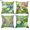 Four floral throw pillow covers featuring various butterflies, bees, and wildflowers in green and pink hues.