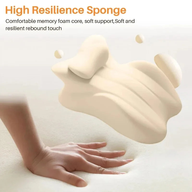 A hand is pressing into a beige memory foam wedge pillow, demonstrating its soft support and resilient rebound touch.