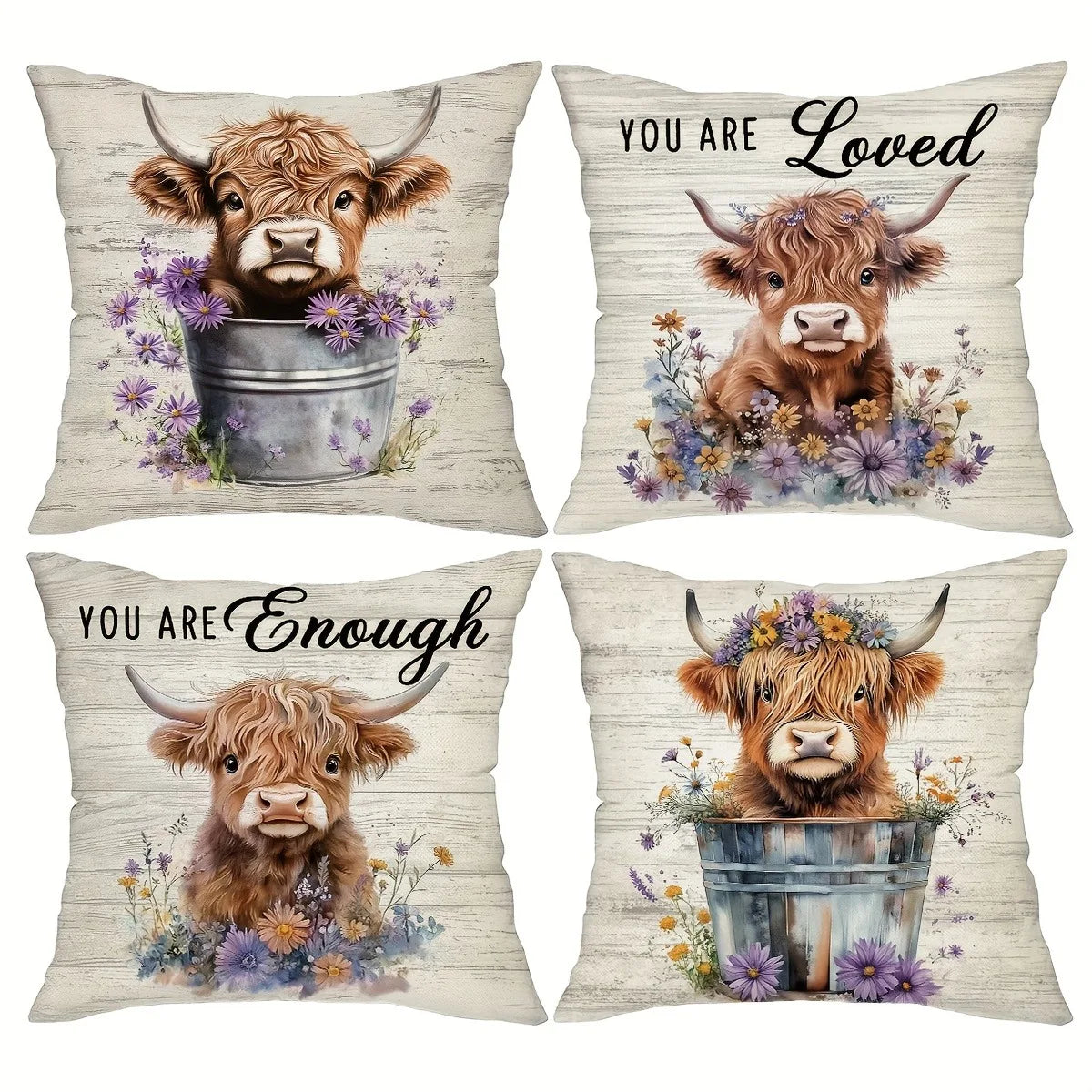 Decorative pillow cover featuring a print of a Highland cow looking directly at the viewer.