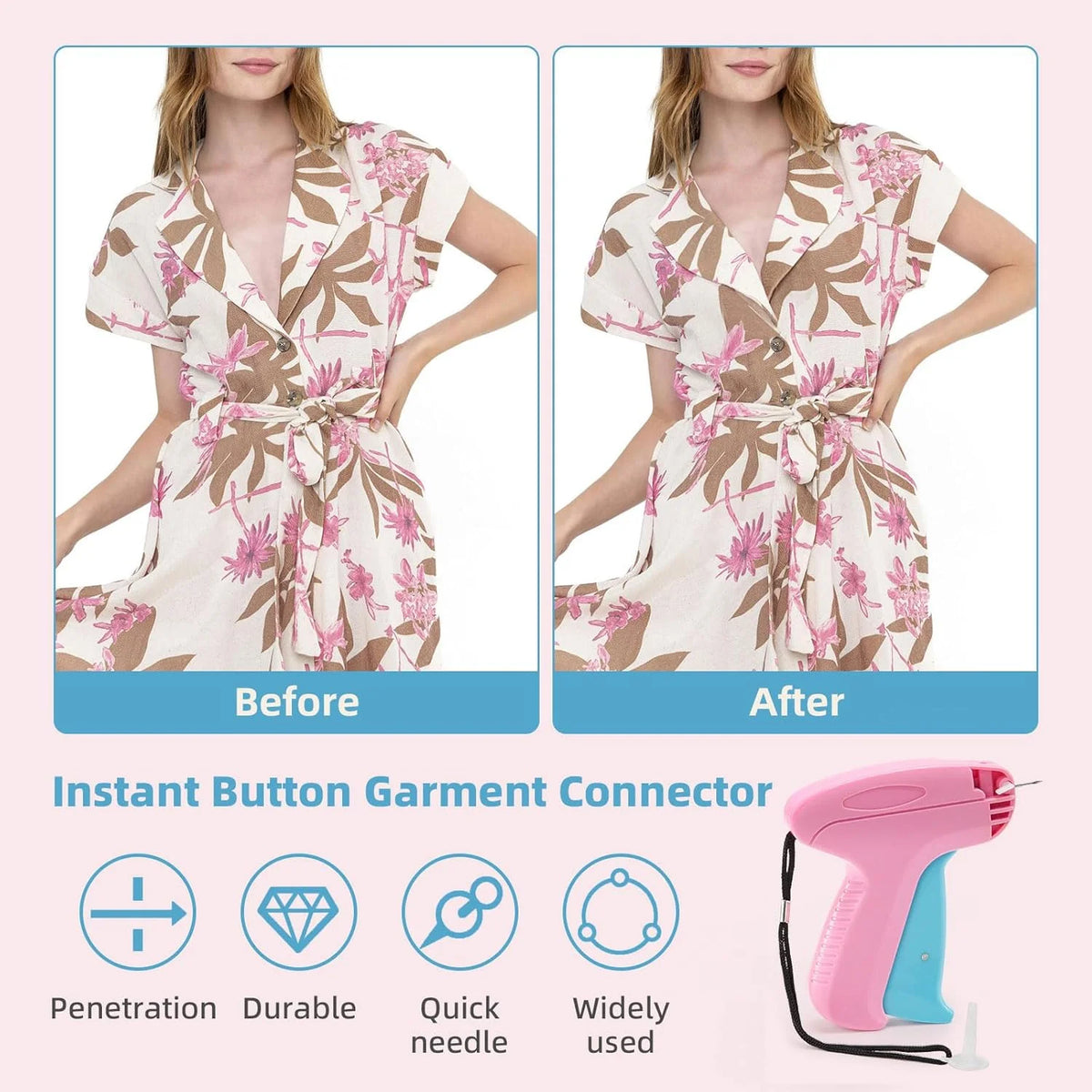 Instant Button Garment Connector tool showing before and after results for clothing repair