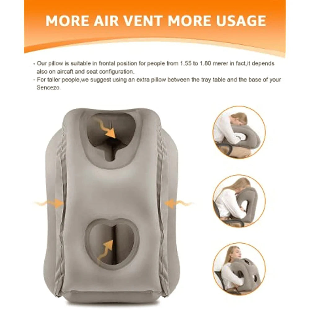 Gray inflatable travel neck pillow with chin support shown in various usage contexts.