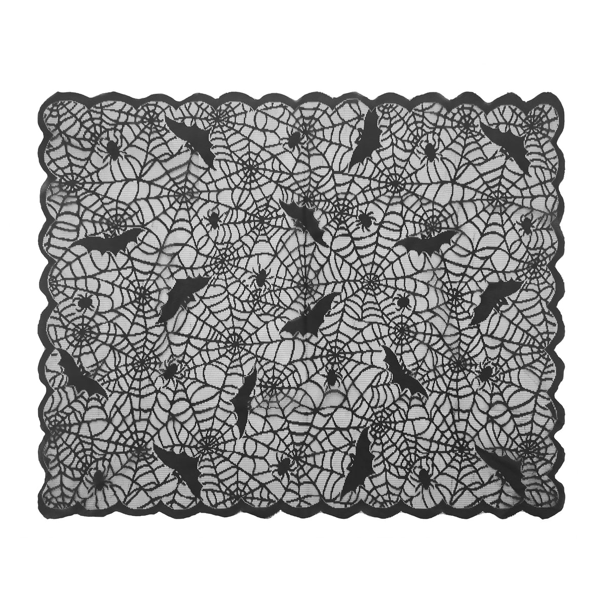 Black spider web lace table runner featuring numerous black bats and spiders.