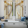 Pair of luxurious gold and cream Baroque printed curtains hanging in a window frame.