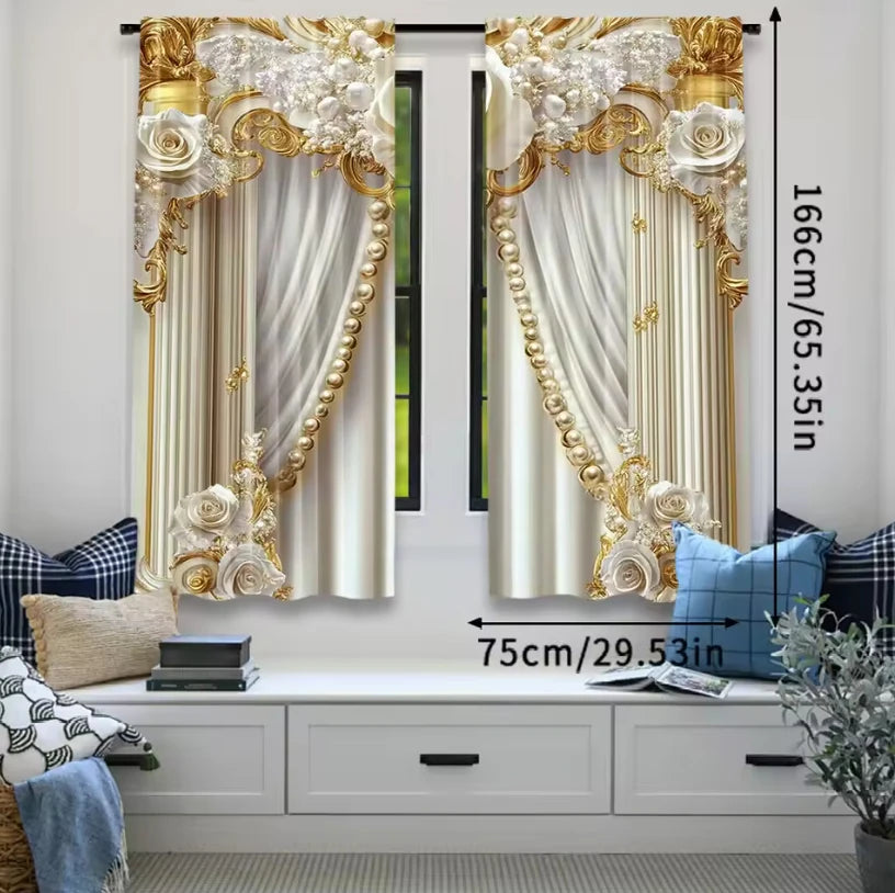 Pair of luxurious gold and cream Baroque printed curtains hanging in a window frame.