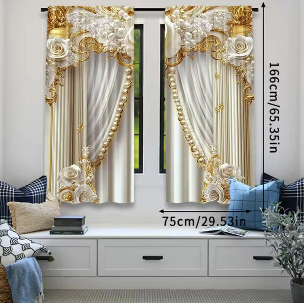 Pair of luxurious gold and cream Baroque printed curtains hanging in a window frame.