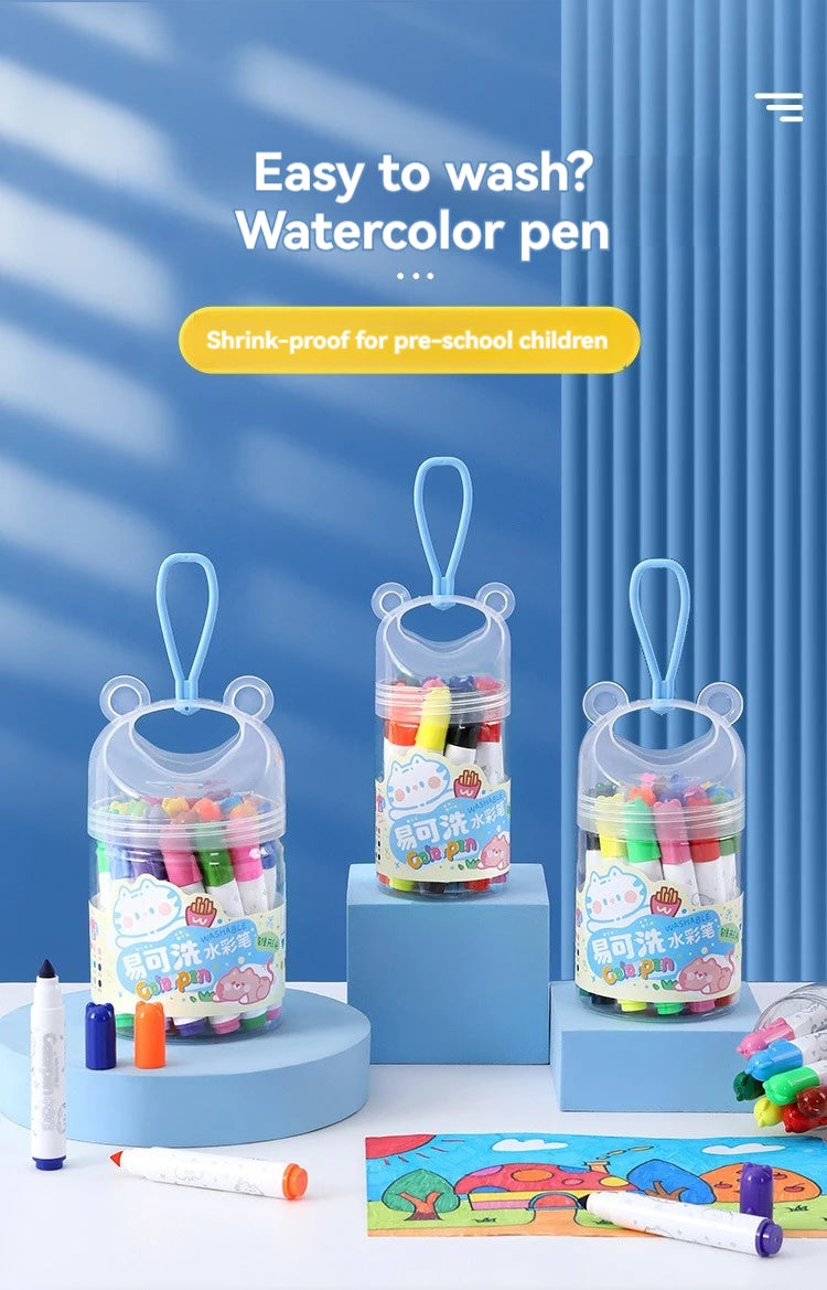 A set of washable watercolor pens and markers in various colors displayed in clear containers for pre-school children.