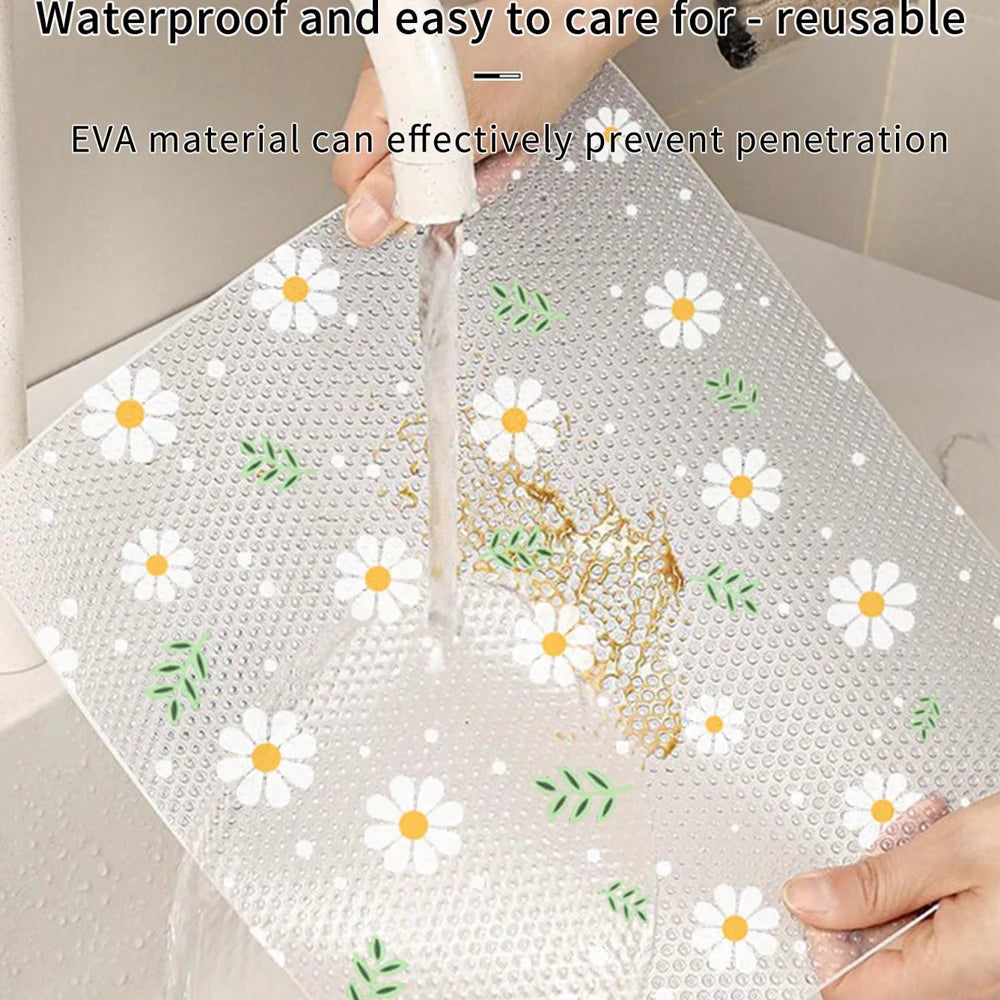 A reusable silicone drawer mat is shown being used to prevent penetration in a sink or drain.