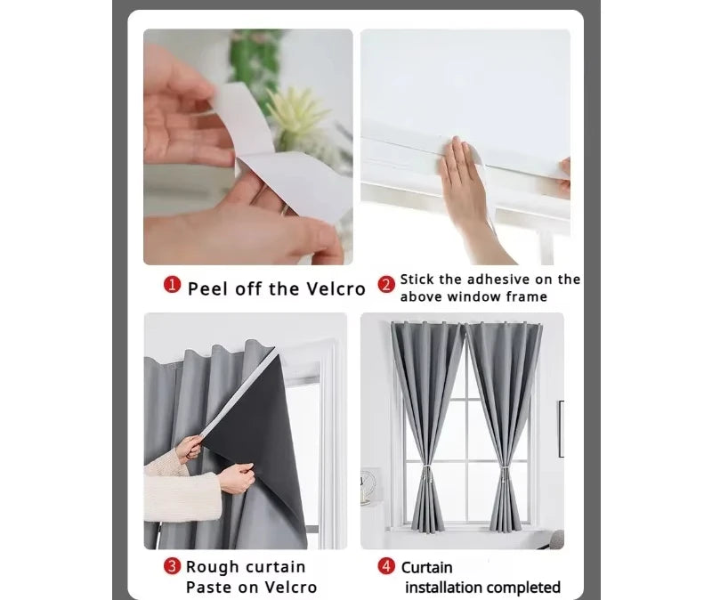 Step-by-step guide showing how to install blackout curtains on a window frame using Velcro.